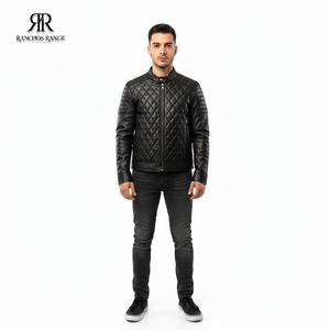 <b>Men's</b> Genuine Leather <b>Biker</b> <b>Jacket</b>-Diamond Stitched Slim Fit Caf Racer Motorcycle <b>Jacket</b> - Product Image 4
