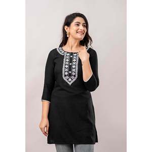 Kurti droit en viscose brodée Chawal Taka pour femme en noir et blanc - Product Image 3