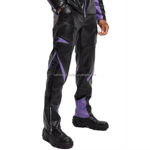 กางเกงหนังสีดำระบายอากาศสุดอินเทรนด์ขอบกลางสีม่วงมีซิปสีขาวข้อเท้ามีรายละเอียดสตรีทแวร์แฟชั่นนักขี่จักรยาน - Product Image 4