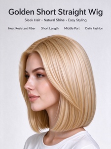 Peluca sintética rubia corta y lisa con raya en el medio, fibra resistente al calor, sedosa y suave, línea de cabello natural, peluca completa para mujer, uso diario - Product Image 2