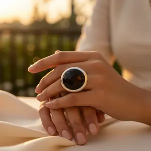 "Fine Rhodium-Plated 925 Silver <b>Ring</b> with 10mm <b>Black</b> <b>Onyx</b> Stone for Women" - Product Image 2