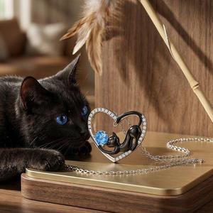 Jeulia Custom <b>Black</b> <b>Cat</b> Heart Necklace with Diamond Pearl Birthstone - Product Image 3