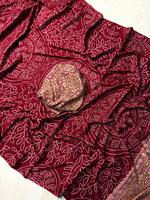 Nuevo sari AJRAKH de satén de seda pura, crepé de seda pura, sari Ajrakh con estampado tradicional hecho a mano.