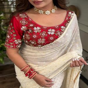 ผ้าส่าหรีผ้าไหมสีทองคู่สำหรับผู้หญิงผ้าส่าหรีปักเลื่อมประดับไข่มุกขอบทำจากอินเดีย - Product Image 1