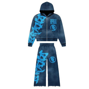 ชุดเซ็ตสตรีทแวร์แบบใหม่ ขายส่ง เสื้อฮู้ดดี้และกางเกงขายาวทรงแบ็กกี้ ผ้าเฟรนช์เทอร์รี่ พิมพ์ลายสกรีน สไตล์ดิสเทรส ซิปหน้า สำหรับผู้ชาย - Product Image 1