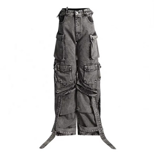 Servicio de OEM del fabricante de alta calidad Multi bolsillo de cintura alta Streetwear Baggy Ladies Long Wide Cargo Pant para mujeres Jeans - Product Image 1