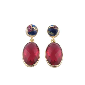 Mohave Turquoise & Checker Cut Pink Fuchsia Earrings Collet Settings Oval Shape Stones Gold Plated Earrings Mode Joyas E-1446