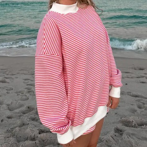 Sudadera Casual de Otoño para Mujer, Personalizada, Holgada, de Manga Larga, Color Rosa Oscuro y Blanco, Cuello Alto, Estampada, con Logotipo Frontal, 100% Algodón Felpa - Product Image 5