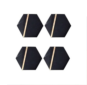 Sous-verres hexagonaux en marbre 4 pièces avec incrustation en laiton, bois naturel et marbre, sous-verres en bois de manguier fabriqués en Inde - Product Image 1