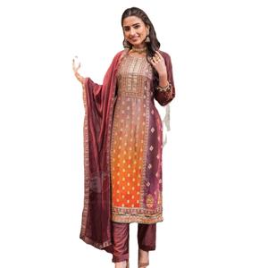 Dhwaja Export Pure Natural Crepe Jacquard avec Position Print Silk and Chino Dupatta Kurtis Set India & Pakistan Ethnic In-Stock - Product Image 1