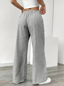 Pantalon décontracté en toile unie pour femme avec poches obliques, devant plat, taille haute, ample, cordon de serrage, grande taille, été - Product Image 3