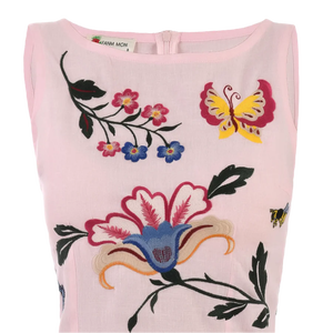 Robe mini rose sans manches brodée de fleurs avec ourlet à volants, style décontracté en mousseline de soie pour adultes - Product Image 3