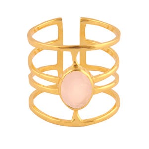 Nouvel arrivage de bague de déclaration en calcédoine rose de forme ovale plaquée or 24k, anneau ouvert réglable, cadeau personnalisé pour femme, bijoux - Product Image 1