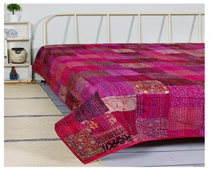 Indian Handmade Patchwork Silk Patola Kantha Quilts King Size Blanket Gudari Reversible Cotton <b>Quilted</b> Old Vintage Kantha Quilt - Product Image 2