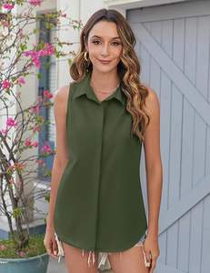 เสื้อเบลาส์ลำลองผู้หญิงแขนกุดมีกระดุมด้านหน้า, เสื้อสำนักงานหลวมคอปกหน้า - Product Image 2