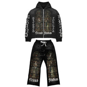 100% coton unisexe personnalisé pleine fermeture éclair survêtement léger surdimensionné imprimé pantalons de survêtement à capuche grande taille hiver en gros pour adulte - Product Image 1