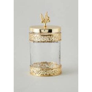 Unique Fancy Texture Silver Shiny Polished Superior Quality Metal <b>Food</b> <b>Storage</b> Canister With Gold Plated Leaves Designer Top Lid - Product Image 4