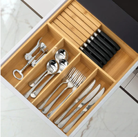 Tiroir à couverts extensible en bambou avec bloc à couteaux Plateau de rangement réglable pour ustensiles de cuisine pour fourchettes, cuillères et couteaux