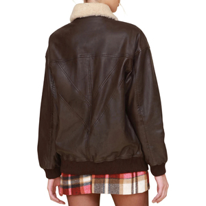 Custom Logo <b>Women</b> <b>Vintage</b> Brown Real Sheepskin <b>Leather</b> Flight <b>Jacket</b> Faux Fur Collar Outerwear - Product Image 2