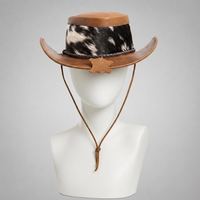 Chapeau de cowboy aspect cuir motif vache style western pare-soleil avec sangle sous le menton pour la mode en plein air, la plage, la pêche, unisexe, utilisable quatre saisons