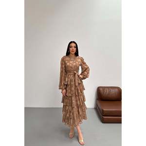 Vestido midi de visón tejido liso con volantes escalonados y cintura natural - Product Image 1