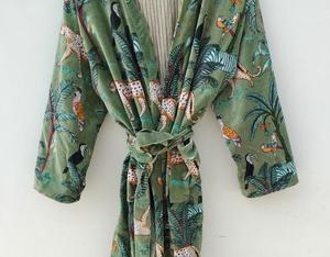 Green Jungle Print Cotton Velvet Kimono Robe Morning Tea Velvet Coat Women's Casual Bridesmaid Dress Evening Velvet Jacket - Product Image 4