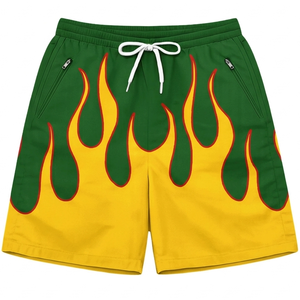 Shorts en maille polyester premium 180 GSM, imprimé flamme vert jaune, sublimation, logo personnalisé, respirant, coupe ajustée - Product Image 1