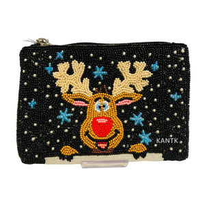Reindeer Beaded Coin Purse Festive Winter Snowman Beaded Coin Purse Handcrafted Holiday Bead Embroidery coin Bag - Product Image 1
