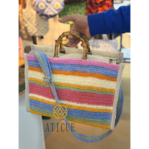 Sac fourre-tout rectangulaire élégant en raphia multicolore au crochet pour femme, fait main, 16x6x12 pouces, avec poignée en bois, idéal pour l'été - Product Image 4