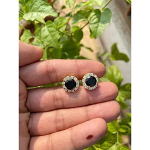 14K & 18K Gold Plated Trendy Drop <b>Earrings</b> 925 Silver <b>Black</b> Onyx <b>Stud</b> Bezel Setting Diamond Rose Gold Hook Face Shape Jewelry - Product Image 1