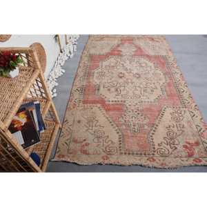Turkish Area Rug, 4.4x7.7 ft Vintage Rug, <b>Red</b> Plants & trees <b>Wool</b> Rug - Product Image 1