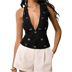 Camiseta sin Mangas de Verano Informal para Mujer, Estilo Informal, Espalda Descubierta, Bordado Sólido, Cuello en V, 100% Algodón Transpirable - Product Image 1