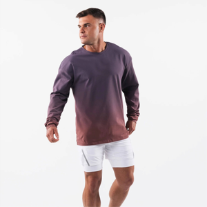 Vente en gros de chemise surdimensionnée de gymnastique pour hommes, t-shirt à manches longues et col rond doux pour le sport, la course à pied, tissu tricoté - Product Image 2