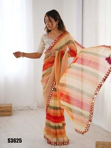 Look élégant Festival Wear couleur incroyable excellente mousseline de soie de haute et meilleure qualité Leheriya imprimé avec des saris de travail coupés en miroir - Product Image 4