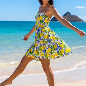 Robe mini en viscose de haute qualité, à col carré, à bretelles spaghetti, à imprimé plage, design d'usine 2026 - Product Image 2