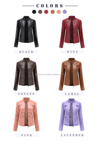 Venta al por mayor OEM/ODM transpirable vino motorista chaquetas de cuero de las mujeres Slim Fit acolchado hombros Stand Collar cierre de cremallera personalizado - Product Image 4