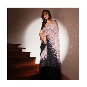 Indian Trend ing Wunderschön gestaltete Saree Premium Georgette mit Digital Print Sequence Work Saree für Party-und Hochzeits kleidung