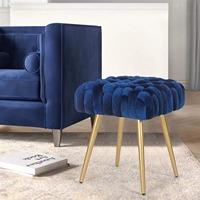 Pouf ottoman capitonné en velours bleu, en velours sur un support métallique, ressemble à un bijou serti dans un cadre brillant, cadeaux de pendaison de crémaillère, décoration intérieure