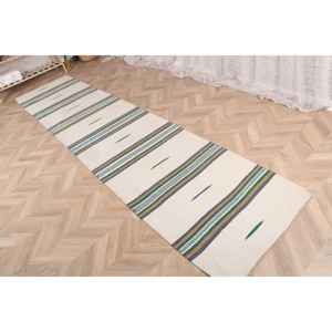 Alfombra Vintage de 2.7x11.8 pies, Alfombra Turca de Lana Ikat Blanca y Verde - Product Image 3