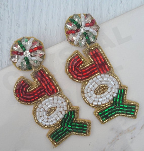 Boomer sooner Beaded <b>Earrings</b> for Women Patriotic Memorial Day Orange White Blue Colour Fabric Material - Product Image 2