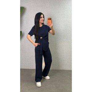 Ensemble deux pièces pour femme, chemisier à manches courtes et col rond en viscose à double fil et pantalon, avec détail de boucle latérale, 34322 - Product Image 1