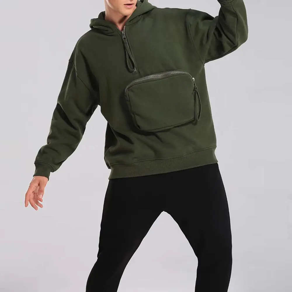 Oversize 1/4 Zip Hoodie Men's Warm Forest Green Hoodie With Front Zip Pocket Hot Selling Men's Hoodie