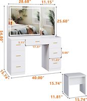 Table de maquillage moderne haut de gamme au design minimaliste, finition blanche, poignée dorée assortie, tabouret moelleux pour appartement