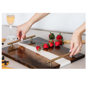 Plateau de service en bois et résine au design moderne, couleur résine blanche, artisanat de rangement personnalisé, plateau en résine - Product Image 1