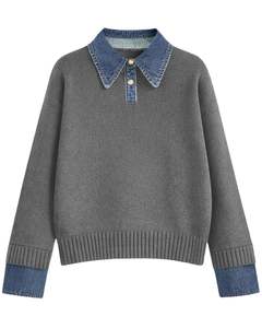 Manufacturer Women Grey Knit <b>Sweater</b> With Denim Collar <b>Long</b> Sleeve Pullover Casual Winter Top Soft Acrylic Blend Fashion Jumper - Product Image 1