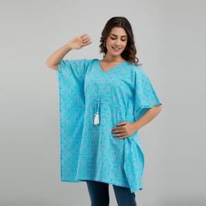 Vestido Kaftan de Algodón con Estampado Bandhani Azul Claro, Elegante, Casual, Hasta la Rodilla, Alta Calidad, ODM, para Usar en el Día, Club o Noche - SHKUP1233 - Product Image 4