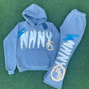 Personalizado 3D Puff impresión pantalones de chándal Sudadera con capucha conjunto de peso pesado algodón francés Terry apilado personalizado Puff impresión Sudadera con capucha Jogger conjuntos - Product Image 1