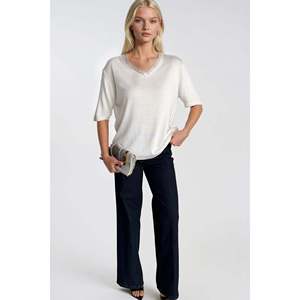 Blusa de Punto con Cuello en V y Detalle de Encaje - Blanca - Blanca - Product Image 2