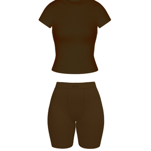 โลโก้ที่กําหนดเองผ้าฝ้ายและเส้นใยย่อยสลายได้ตามธรรมชาติถักผู้หญิงชุดเสื้อแขนสั้นและกางเกงขาสั้นชุดสวมใส่เลานจ์ชุด - Product Image 2