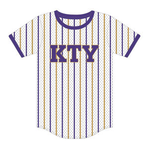 Maillot de baseball blanc à fines rayures OPP, 100 % polyester, maille, T-shirt de la fraternité Omega avec logo brodé personnalisé - Product Image 2